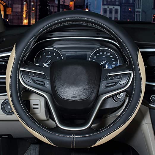 SHIAWASENA Auto Car Steering Wheel Cover, Universal 15 Inch Fit, Microfiber Leather, Non-Slip, Breathable (Black&Beige)