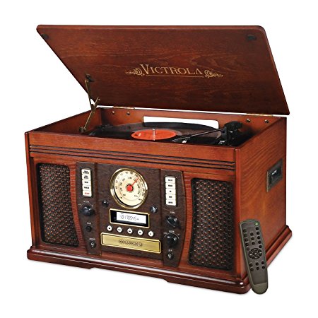 Victrola VTA-750B Nostalgic Aviator 7-in-1 Turntable Wooden Entertainment Center with Bluetooth, Mahogany