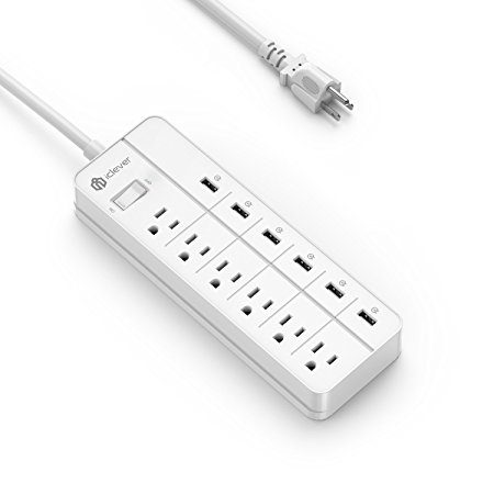 iClever IC-BS03 Surge Protector Power Strip, 6 AC Outlets and 6 USB Port Over-Load Switch, White