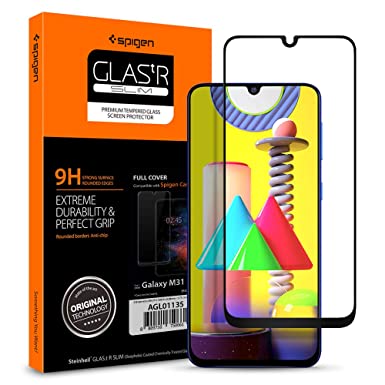 Spigen Premium 9H Edge to Edge Full Screen Coverage Tempered Glass Screen Protector for Samsung Galaxy M31 (Black)