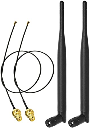 Bingfu Dual Band WiFi 2.4GHz 5GHz 5.8GHz 6dBi RP-SMA Male Antenna & 20cm 8 inch U.FL IPX IPEX MHF4 to RP-SMA Female Extension Cable 2-Pack for M.2 NGFF Intel Wireless Network Card WiFi Adapter Laptop