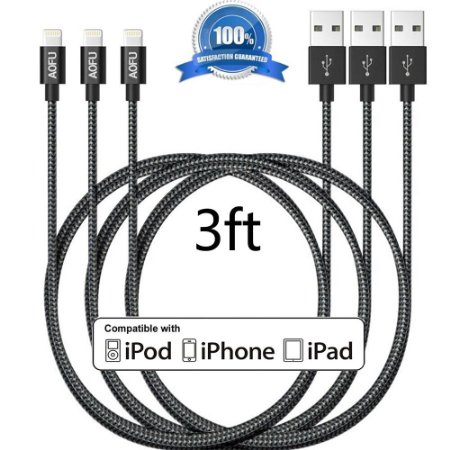 AOFU iPhone Cable 3 Pack 3ft Nylon Braided Lightning Cables Syncing and Charging Cord with Aluminum Connector for Apple iPhone 6s plus, 6s, 6 plus, 6, 5s, 5c, 5, iPad Air, iPad Mini, iPod (Space Grey)
