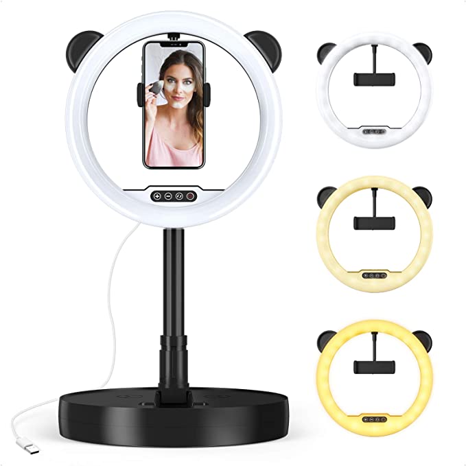 10'' Ring Light with Extendable Stand and Phone Holder, Zecti Dimmable One-piece Foldable LED Ring Light,3 Modes 10 Brightness for YouTube Video, Live Streaming, Selfie, Makeup,Vlog (Black)