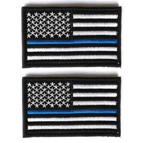Bundle 2 pieces - US Flag Police law enforcement Thin Blue Line Patch Decorative Embroidered Badge appliques 2" high by 3.2" wide