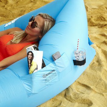 Air Lounger with bag, pockets & anchor LIFETIME WARRANTY parachute material made with heavy duty 210D waterproof PARACHUTE material blow up couch / sofa Suitable for up to 2 person (400lbs) kids & adults camping – hiking – outdoor – pool – Great furniture to use as bed / hammock / chair / mattress even FLOATS on water