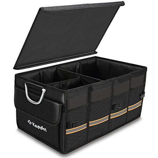 Knodel Car Trunk Organiser with Foldable Cover, Heavy Duty Collapsible Trunk Storage Organiser, Portable Trunk Organiser for Car with Non Slip Bottom (Black)