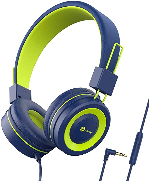 iClever HS14 Kids Headphones - Wired Headphones for Kids with MIC, Adjustable Headband, Stereo Sound, Foldable, Untangled Wires, 3.5mm Aux Jack, 94dB Volume Limited - Childrens Headphones on Ear(Blue,Green)