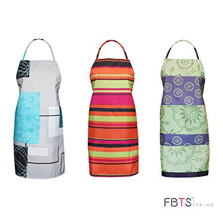 FBTS Prime Cute Apron Kitchen Sets 3 Pack for Women and Men Water Resistant Adjustable Buckles with Two Big Front Pockets (Colorful)