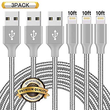 iPhone Charger,Youer MFi Certified Lightning Cable 3 Pack 10FT Extra Long Nylon Braided USB Charging & Syncing Cord Compatible iPhone Xs/Max/XR/X/8/8Plus/7/7Plus/6S/6S Plus/SE/iPad/Nan Grey