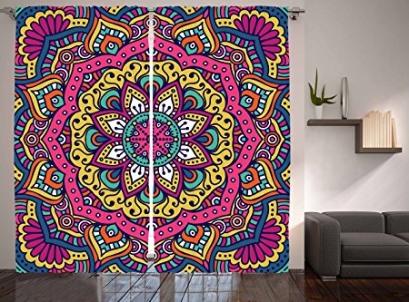 Eggplant Curtains Ethnic Mandala Decor by Ambesonne, Geometric Floral Meditation Design Psychedelic Round, Window Treatments, Living Kids Girls Room 2 Panels Set, 108 X 84 Inch, Pink Navy Blue Mustard