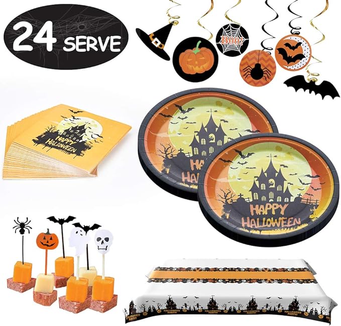 122 PCS Halloween Party Supplies Disposable Dinnerware Set Serves 24 Paper Tableware Halloween Party Supplies Spooky Halloween Themed Parties and dinner.(Orange)