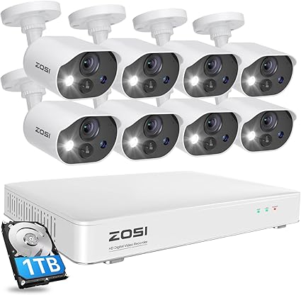 ZOSI C303 Home Security Camera System with Audio, 8CH 3K Lite H.265  DVR with 1TB HDD, 8pcs 1080P Outdoor CCTV Cameras, Person Vehicle Detection, Night Vision, Spotlight Siren, for 24/7 Recording