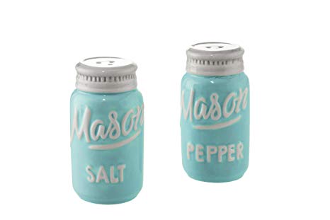 Blue Mason Jar Salt & Pepper Shakers - Kitchen Ceramic Shakers | Retro & Farmhouse Decor | Dishwasher & Microwave Safe | Set of 2 | Baking Supplies| Rustic Home Accessory & Gifts by Goodscious
