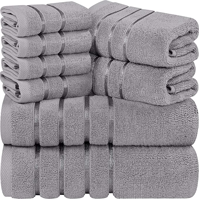 Utopia Towels Cool Grey 8-Piece Bath Linen Sets - Viscose Stripe Towels - 600 GSM Ring Spun Cotton - Highly Absorbent Luxury Towels (Pack of 8)