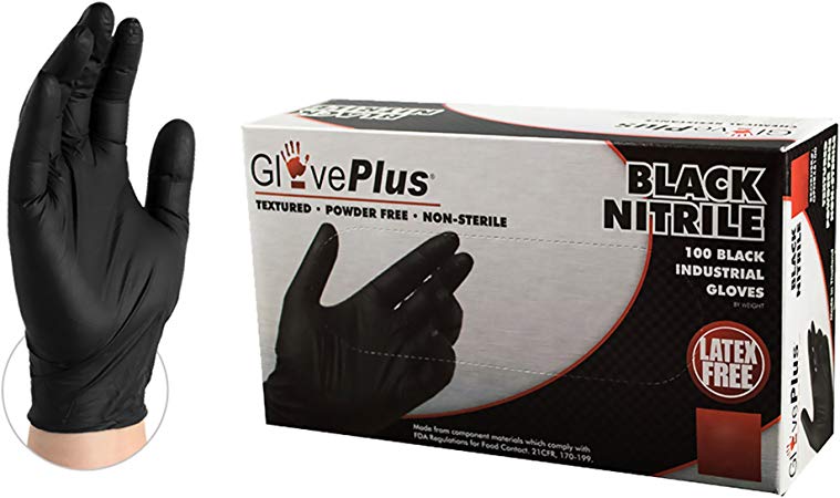 Ammex GlovePlus Industrial Black Nitrile Gloves - 5 mil, Latex Free, Powder Free, Textured, Disposable, Large, GPNB46100-BX, Box of 100