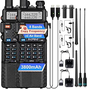 BAOFENG 5RX Ham Radio Handheld, 8-band Receiving, Air Band, Frequency Copy, 3800mAh Rechargeable Walkie Talkies Two Way Radio with Earpiece,771 Long Range Antanna(Upgraded of UV-5R)-2Pack Full Kit