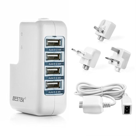 BESTEK 4-Port USB World Travel Wall Charger 5.2A/35W with US/AU/UK/EU International Plug for Apple iPhone iPad, Samsung, Smartphone, Tablet, Power Bank and More