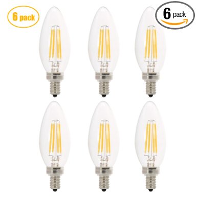 SUNMEG B11 4W LED Filament Bulb Dimmable, E12 candelabra Base LED Bulb, 2700K Warm White, Equivalent to 40W Incandescent Bulbs ( 6 Pack)