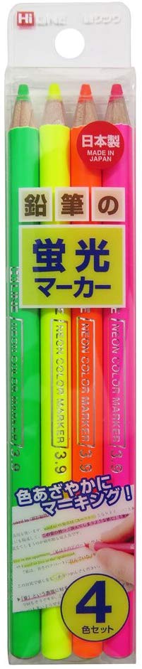 KUTSUWA Hi LiNE Highlighter Pencil, 4 brilliant fluorescent colors/set, 1 Set, Yellow, green, Pink, Orange (PA001)