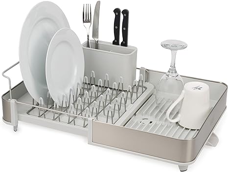 Joseph Joseph Extend Steel Expandable Dish Drainer Rack with Removable Cutlery Holder Swivel Draining Spout, Stainless Steel