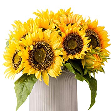 HEBE 4 Pack Artificial Flowers Sunflower Bouquet Bunches Yellow Artificial Sunflowers Fake Sunflower with Stems Leaves for Home Wedding Decor