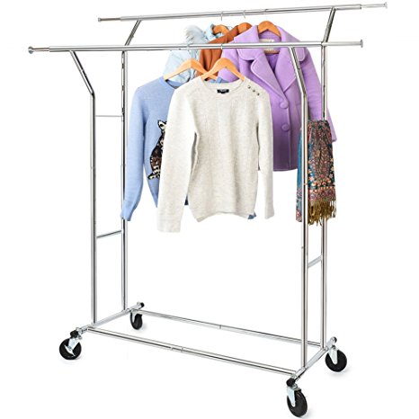 330 Lbs Load Capacity Commercial Grade Clothing Garment Racks Heavy Duty Double Rails Adjustable Collapsible Rolling Clothes Rack, Chrome Finish
