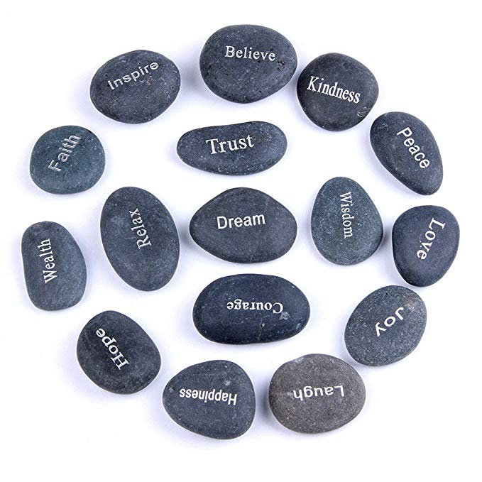 TGS Gems Engraved Inspirational Bulk Faith Black Stones(16 Different Words)