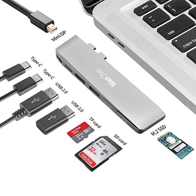 USB C Hub Adapter, NiaoChao 8 in 2 Dual Type-C Docking Station，5Gb/s Data Speed USB-C， Max 60W Power delivery USB-C，5K Mini DP，1xUSB3.0， 1xUSB2.0，SD/TF and M.2 SSD Card Reader for MacBook 2018 2017