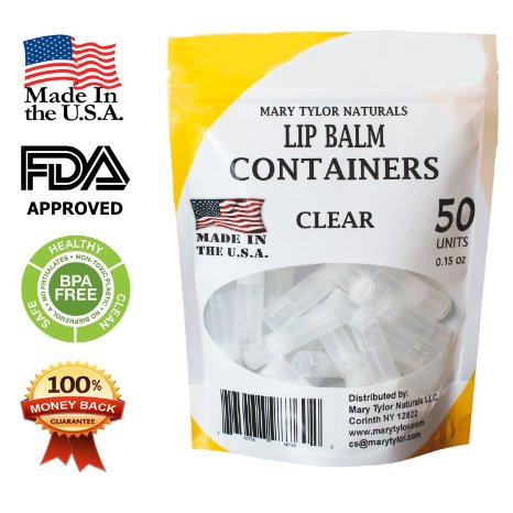50 Clear Lip Balm Container Round Tubes, Made in USA, High Quality, FDA Approved, 100% BPA Free, with Clear Caps by Mary Tylor Naturals, for DIY Lipstick, chapstick, homemade Lip Balm (50, Clear)