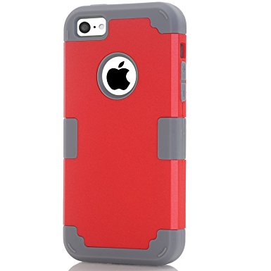 iPhone 5C Case. LUOLNH Hard PC Shell and Soft Silicone Hybrid 3 in 1 Pieces Shockproof Anti-Scratch Combo Cover for iPhone 5C(Red/Grey)