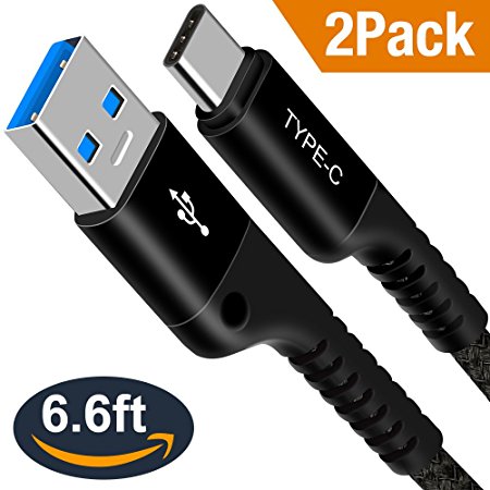 USB C Cable, Snowkids USB 3.0 Type C Cable (2-PACK 6.6ft) Nylon Braided USB A to C Fast Charger Cable for Samsung Galaxy S8 Plus,Google Pixel XL,LG G6 V20 G5,Nexus 6P,Hero 5,Nintendo Switch (Black)