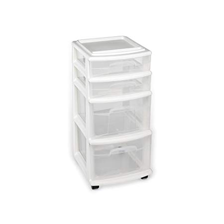 Homz Plastic 4 Drawer Medium Cart, White Frame with Clear Drawers, Casters, Set of 1