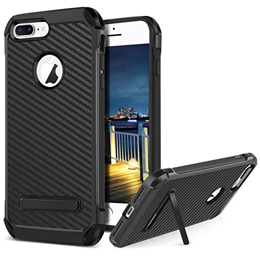 BENTOBEN Phone Case for Apple iPhone 8 Plus, Protective Shockproof Kickstand Cell Phone Case, Slim 2 In 1 Heavy Duty Hybrid Hard PC Cover Soft TPU Bumper Carbon Fiber Texture Phone Case Cover - Black