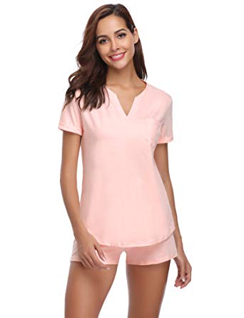 Hawiton Women's Short Pajamas Set,Soft Loungewear Short Sleeved Cotton PJ Set Nightwear Sleepwear for Summer
