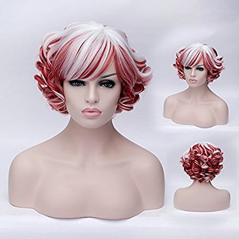 Aosler Sweet Lolita Wig Red White Mix Short Culry Hair Wigs for Cosplay,Costume Party,Halloween