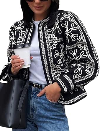 COZYPOIN Women's Floral Quilted Jacket Short Front Open Print Long Sleeve Lightweight Coat