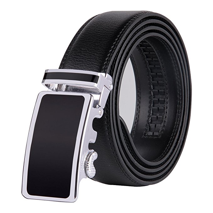 JINIU Men's Leather Belt Automatic Buckle 35mm Ratchet Dress Black Belts Boxed