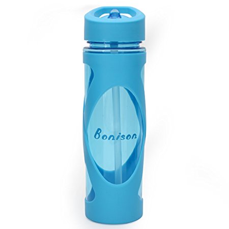 Clerance Sale-19 oz Newest Design Sports Tritan Plastic Water Bottle Straw Lid Leak Proof Flip Top Cap Portable To-Go with Handle and Cleaning Brush - Blue, Green, & Hot Pink with spout