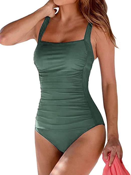 Hilor Women's One Piece Swimsuits Shirred Tank Swimwear Vintage Tummy Control Bathing Suits