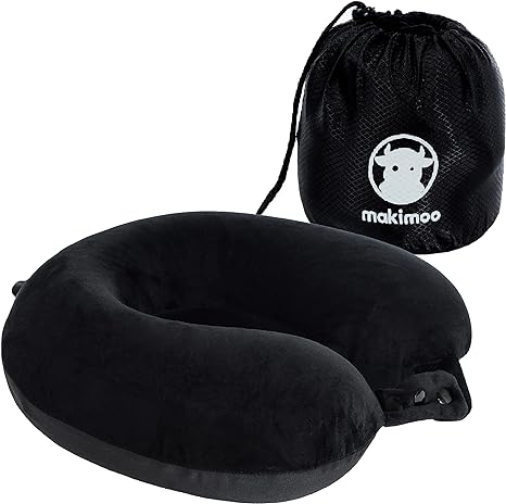 Makimoo Travel Neck Pillow, Top Memory Foam Pillow for Head Support, Ideal for Airplanes, Cars, and Home Recliners, Adjustable and Soft (Black)