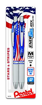 Pentel EnerGel RTX Retractable Liquid Gel Pen, Flag Barrel, Black Ink, 2-Pk (BL77USABP2A)