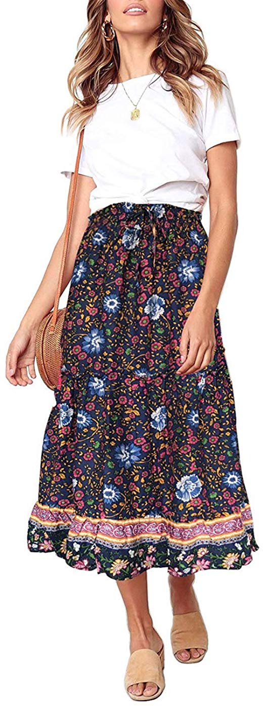 MEROKEETY Women's Boho Floral Print Elastic High Waist Pleated A Line Midi Skirt with Pockets