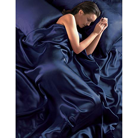 Navy Blue Satin Seamless Double Duvet Cover, Fitted Sheet and 4 Pillowcase Set