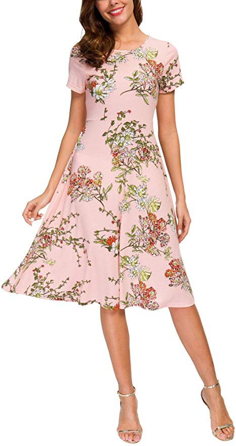 Urban CoCo Women's Floral Print Short Sleeve Flared Midi Dress