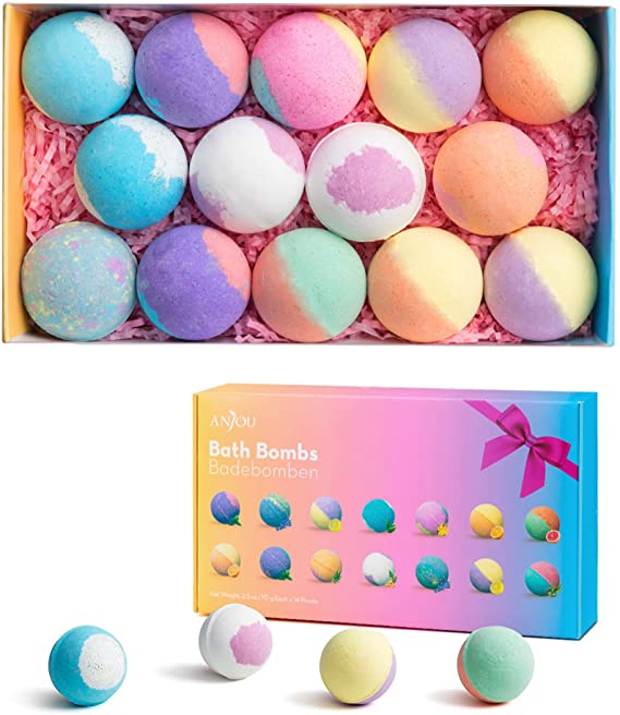 Anjou Bath Bombs Gift Set, 14-Pack Organic Natural Bath Bombs Set with Vegan Essential Oils, Fizzy Bubble Spa Treatment Moisturizing Skin, Bath Sets for Women, Kids, Girls, Birthday, Wedding Gift