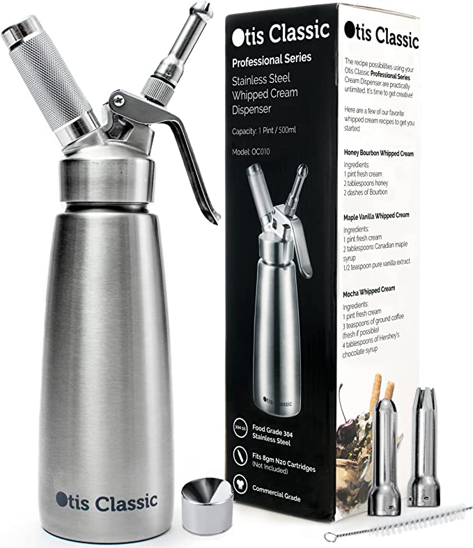 Otis Classic Whipped Cream Dispenser - 500ml Stainless Steel Whip Charger for Desserts - Professional Culinary Whipper - Canister with 3 Decorating Nozzles