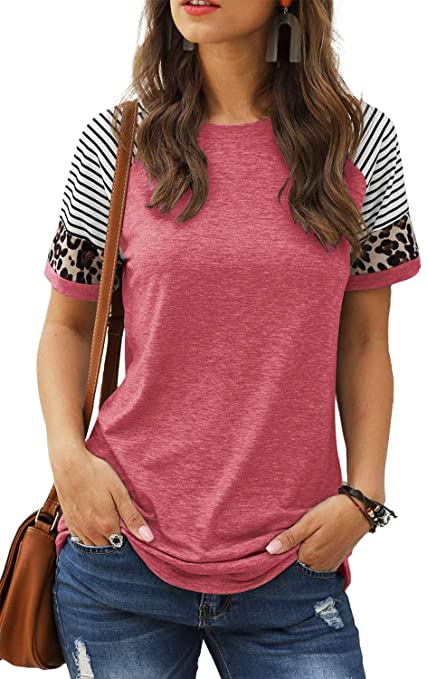 Sieanear Womens T Shirts Short Sleeve Striped Color Block Leopard Casual Tops