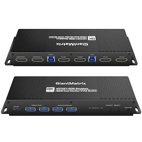 Kvm Switch HDMI 2 Monitors 2 Computers EDID Emulator 4k 144Hz HotKey Switching kvm Switch hdmi 4 in 2 Out edid Clone 1440p 120hz 144hz hdmi 2.1 kvm Switch edid Dual Monitor USB 3.0 GiantMatrix