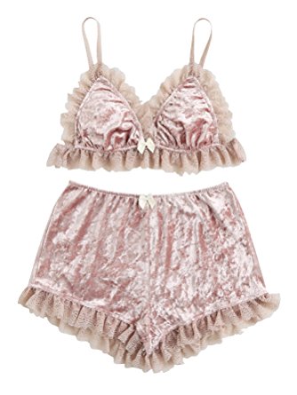 DIDK Women's Lace Trim Velvet Bralette & Shorts Pajama Set