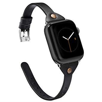 Wearlizer Black Leather Compatible with Apple Watch Band 38mm 40mm iWatch Womens Mens Strap Slim Wristband Leisure Exclusive New Bracelet (Metal Silver Buckle) Series 4 3 2 1 Edition Sports